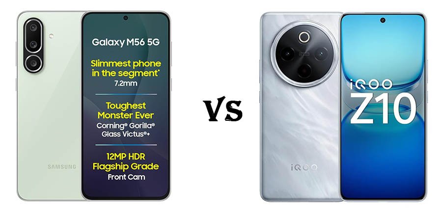 Side-by-side comparison of Samsung Galaxy M56 5G and iQOO Z10 5G smartphones including specifications, camera features, performance, battery life, and pricing for buyers in 2025