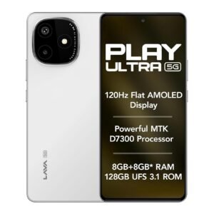 LAvA PLAY ULTRA 5G," "120Hz Flat AMOLED Display," "Powerful MTK D7300 Processor," and "8GB+8GB* RAM 128GB UFS 3.1 ROM
